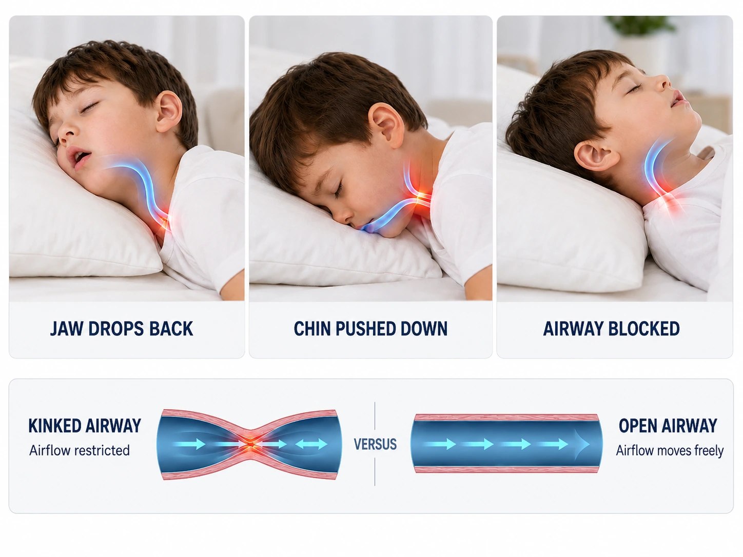 Diagram showing how a toddler's jaw drops back, chin pushes down, and airway becomes blocked on a regular pillow versus an open airway