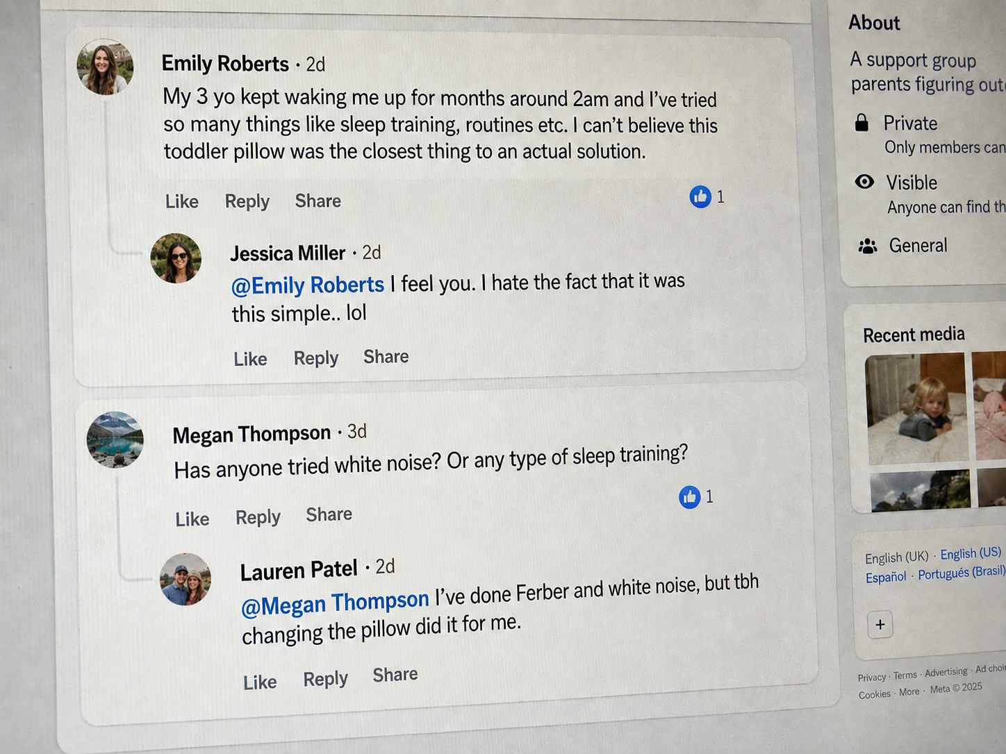Facebook comment thread from a parenting sleep support group