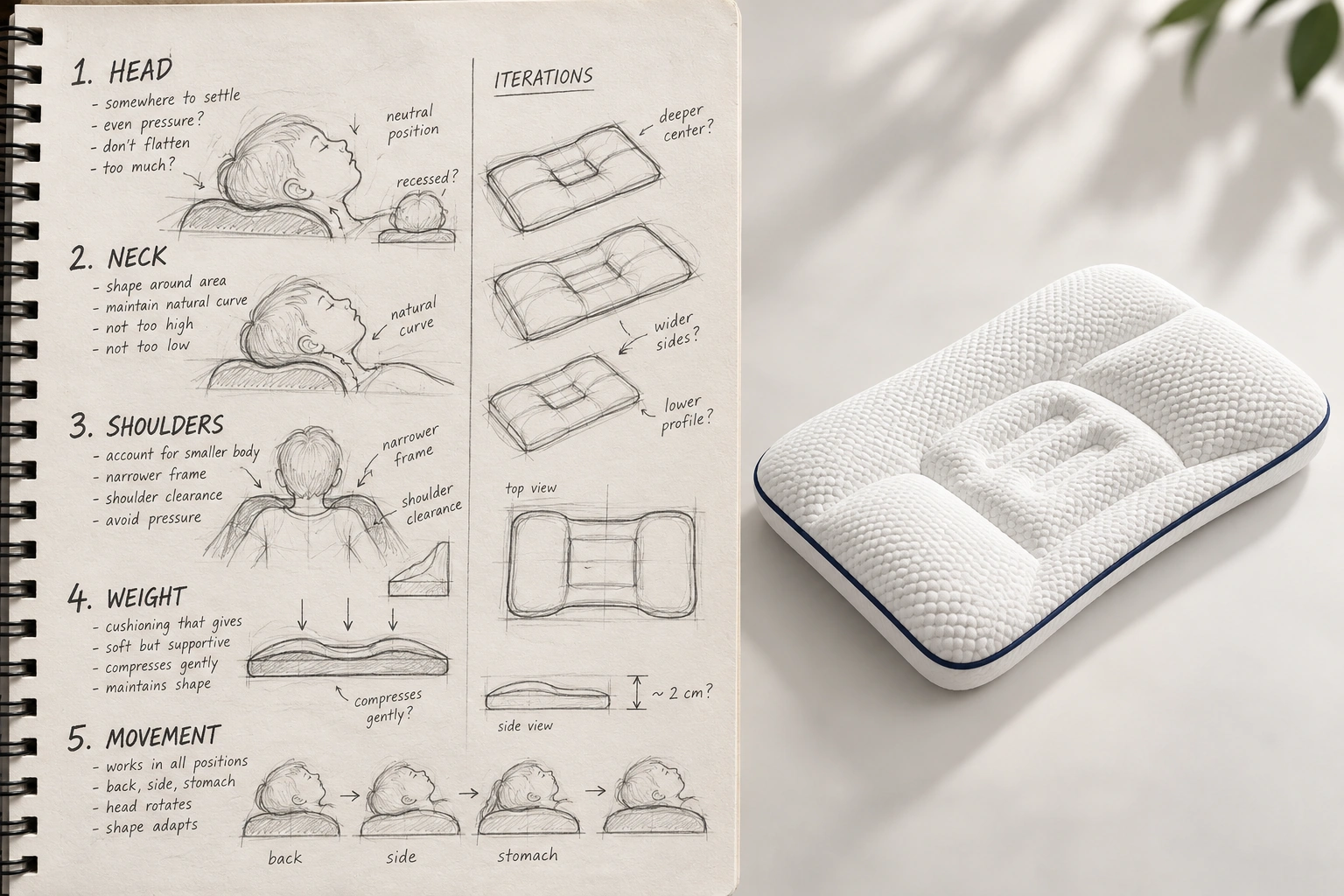 Development sketches beside the finished Ukola pillow