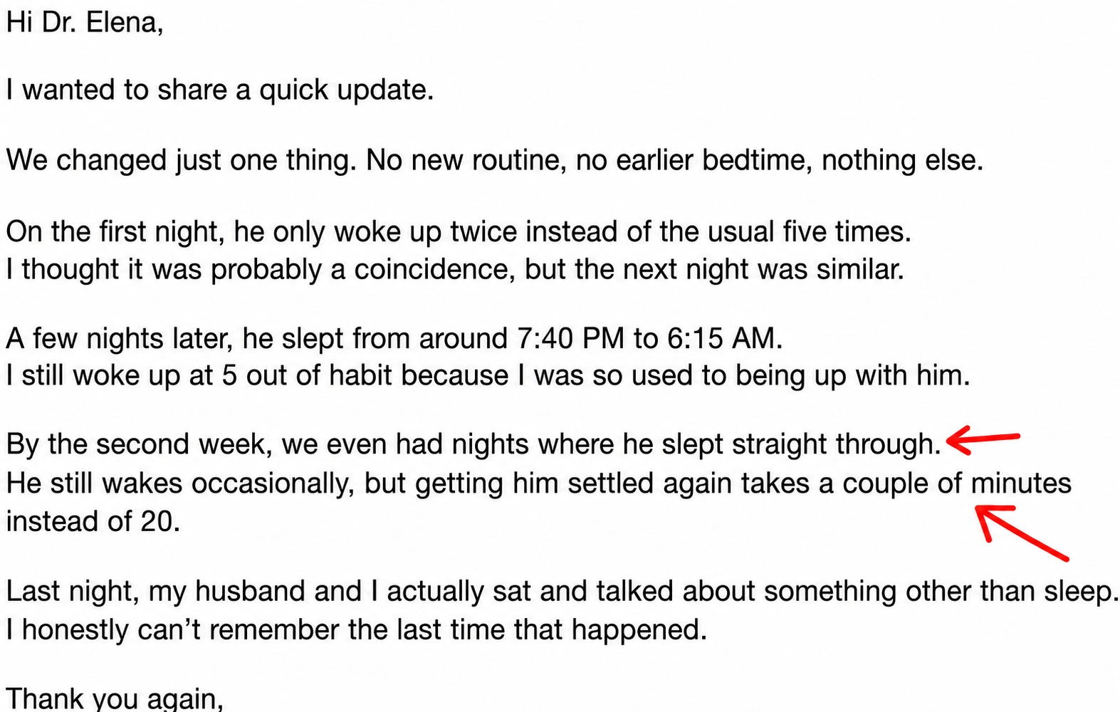 Email from a parent describing her son's sleep